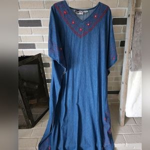 Vintage 80s Denim Embroidered Poncho Style Maxi Dress Caftan
